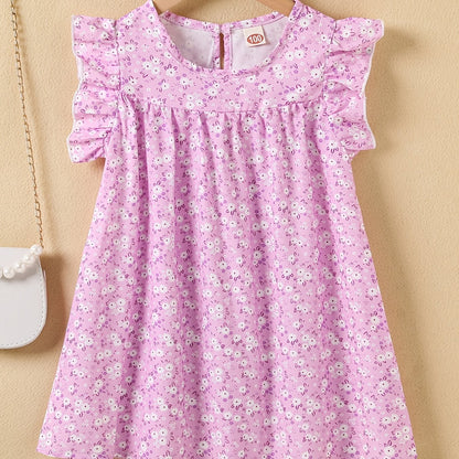 Girls' Summer Floral Princess Sundress - Sleeveless, Easy-Care, Elegant Crew Neck with Flared Hem