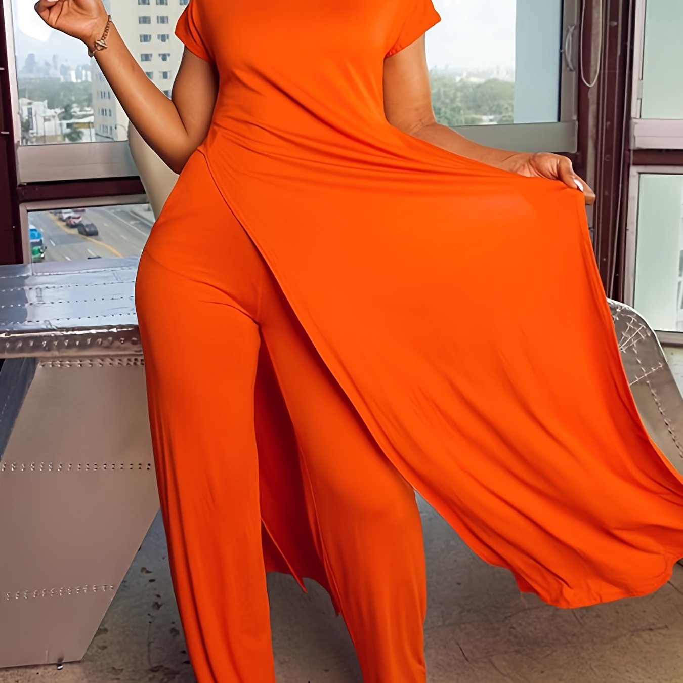 Plus Size Solid Color Split Hem Oversized T-shirt & Pants Set, Women's Plus High Stretch 2pcs Set