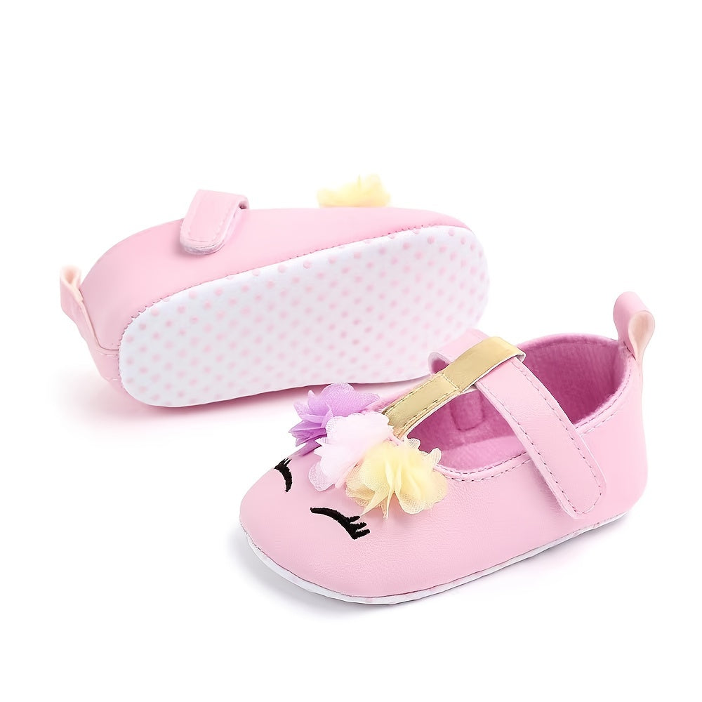 Adorable Baby Girls Cartoon Unicorn Crib Shoes - Flexible Fabric Sole, Hook-and-Loop Fastener, Mesh Flower Embellishment, Breathable for Spring and Autumn Walking