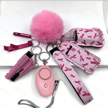 Women's Accessory Kit with Wristlet Pom Pom, Carabiners - 10-Piece Set, Battery Powered Personal Safety Alarm, Aluminum Alloy Hand Sanitizer Holder, Polyester Pouch