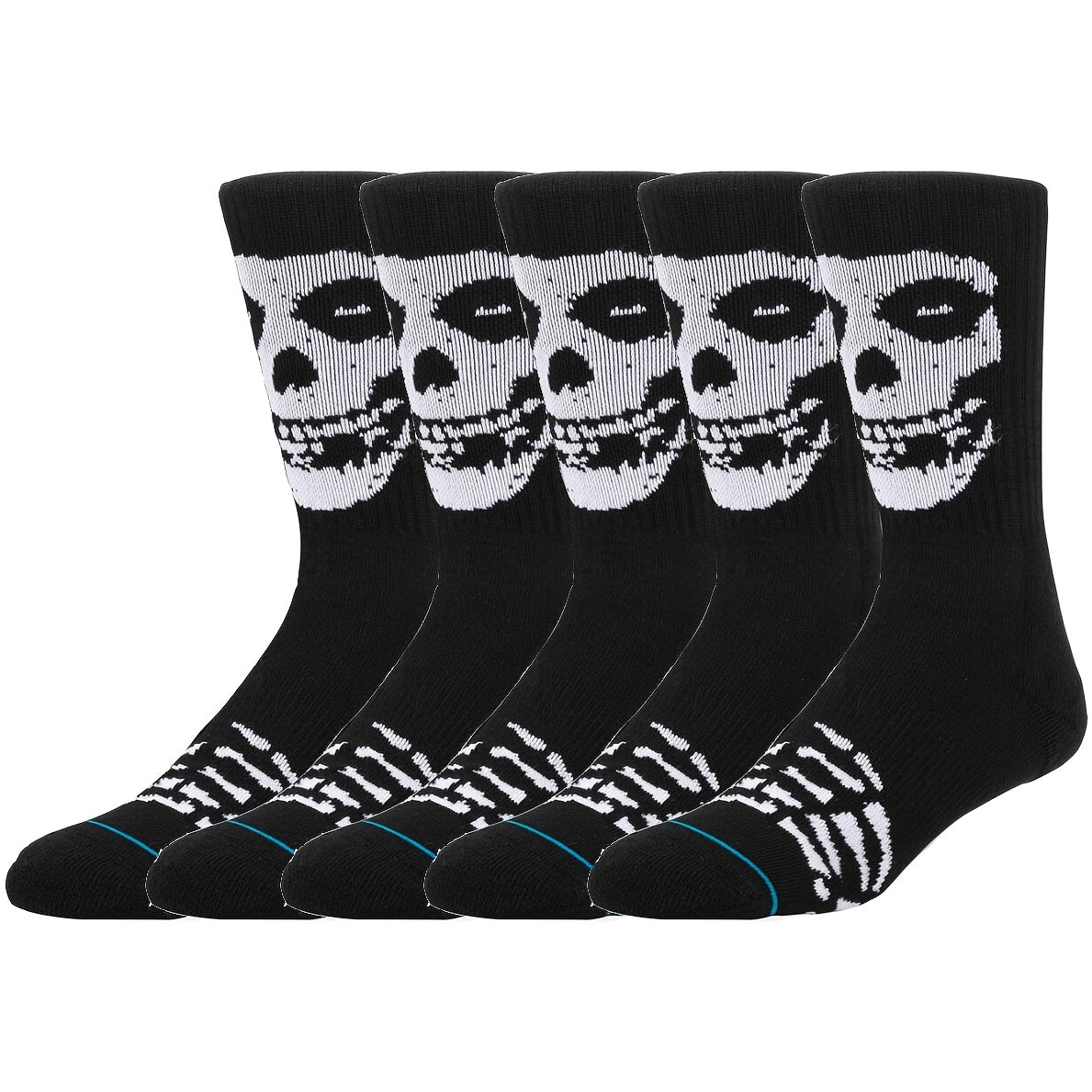 5pairs Men's Breathable Sweat Absorbing Crew Socks With Skull Faces Print, Novelty Socks