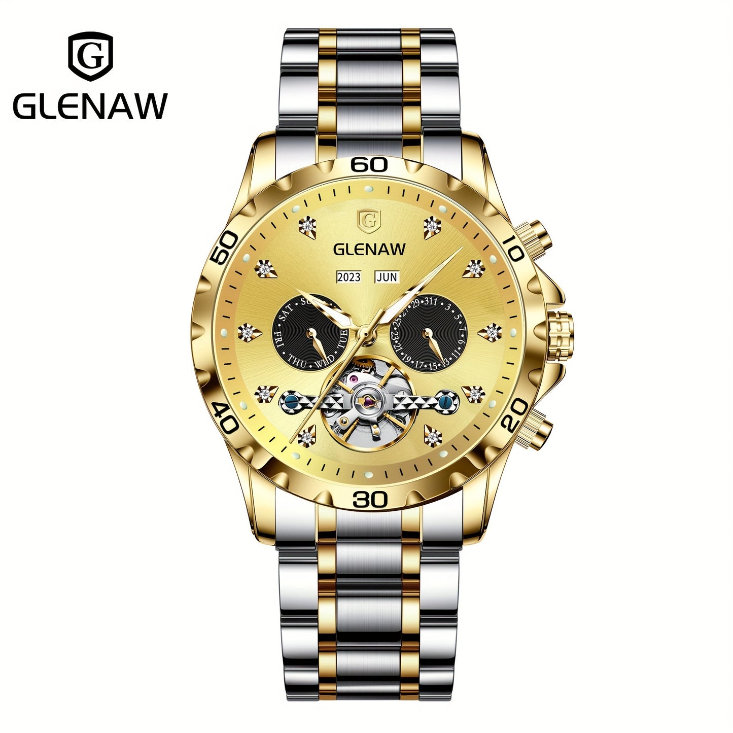 Automatic Watches for Men, Rhinestone Stainless Steel Strap Skeleton Automatic Winding Mechanical Watch Day Date Month Year Men's Watch Gift