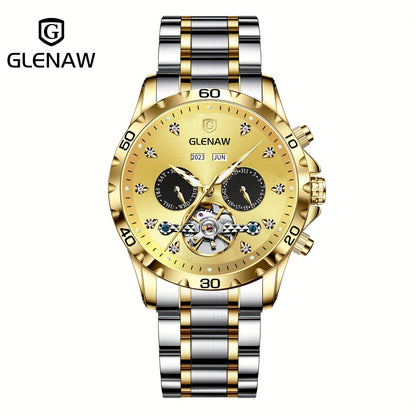 Automatic Watches for Men, Rhinestone Stainless Steel Strap Skeleton Automatic Winding Mechanical Watch Day Date Month Year Men's Watch Gift