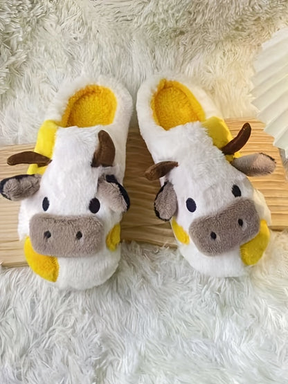 Adorable Cartoon Cow Plush Slippers for Women - Cozy Fabric Upper & PVC Sole, Soft Indoor Footwear with Fluffy White Trim, Cute Slippers