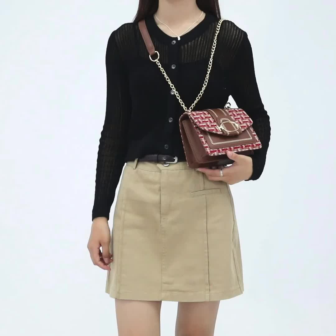 Mini Plaid Pattern Tweed Bag, Buckle Decor Shoulder Square Bag, Chain Crossbody Flap Purse For Everyday