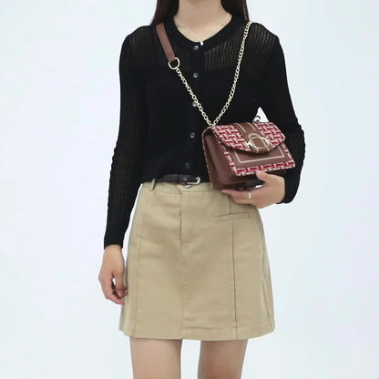 Mini Plaid Pattern Tweed Bag, Buckle Decor Shoulder Square Bag, Chain Crossbody Flap Purse For Everyday