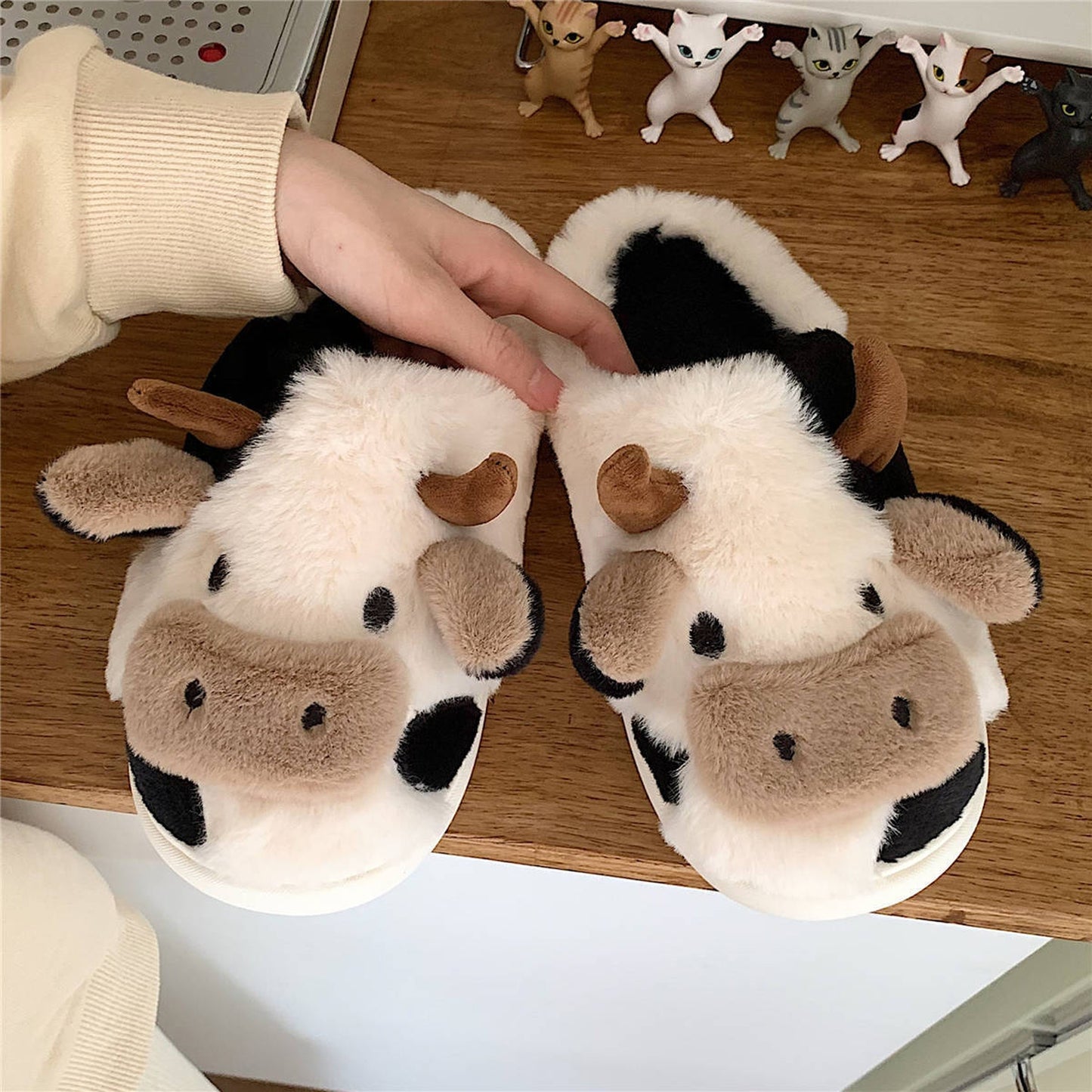 Adorable Cartoon Cow Plush Slippers for Women - Cozy Fabric Upper & PVC Sole, Soft Indoor Footwear with Fluffy White Trim, Cute Slippers
