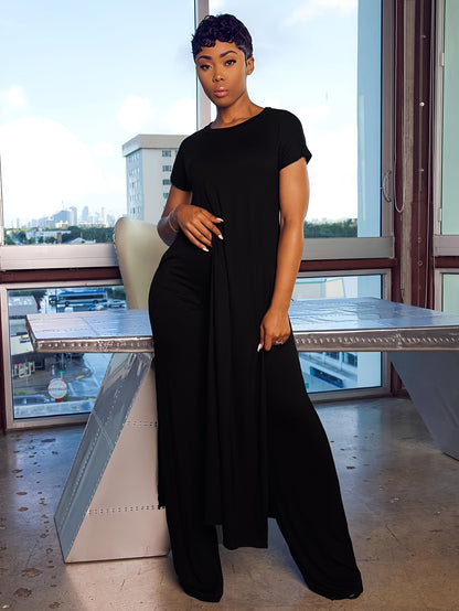 Plus Size Solid Color Split Hem Oversized T-shirt & Pants Set, Women's Plus High Stretch 2pcs Set
