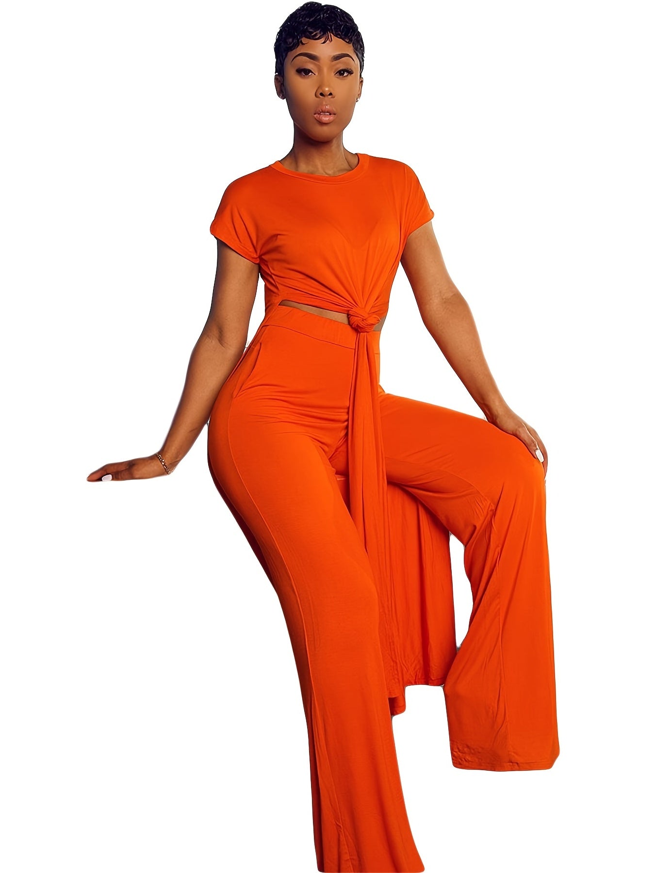 Plus Size Solid Color Split Hem Oversized T-shirt & Pants Set, Women's Plus High Stretch 2pcs Set