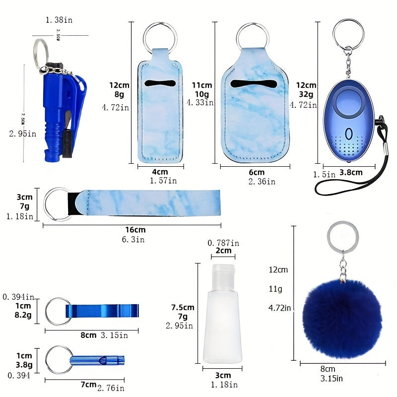 Women's Accessory Kit with Wristlet Pom Pom, Carabiners - 10-Piece Set, Battery Powered Personal Safety Alarm, Aluminum Alloy Hand Sanitizer Holder, Polyester Pouch
