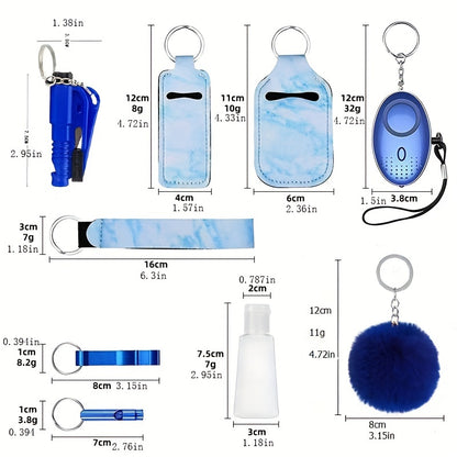 Women's Accessory Kit with Wristlet Pom Pom, Carabiners - 10-Piece Set, Battery Powered Personal Safety Alarm, Aluminum Alloy Hand Sanitizer Holder, Polyester Pouch