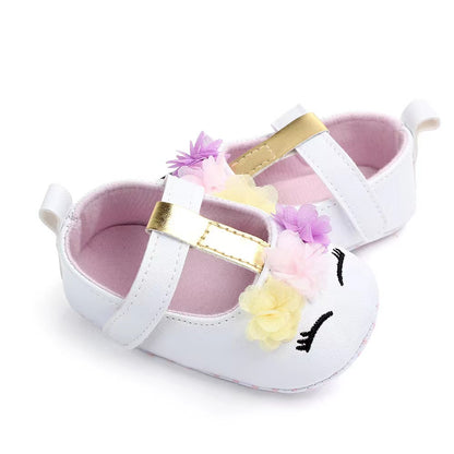 Adorable Baby Girls Cartoon Unicorn Crib Shoes - Flexible Fabric Sole, Hook-and-Loop Fastener, Mesh Flower Embellishment, Breathable for Spring and Autumn Walking