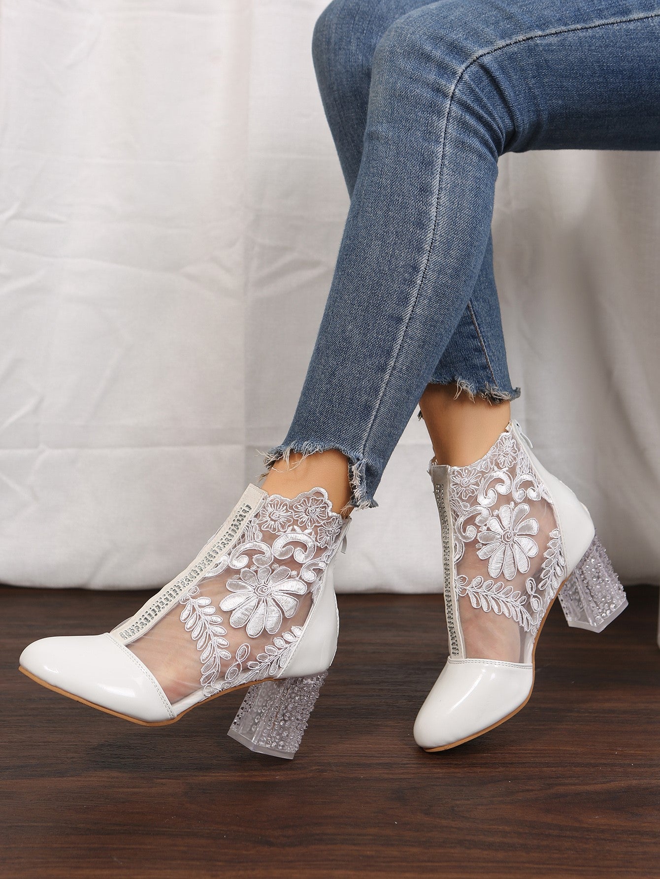 Women's Floral Print Lace Ankle Boots, Back Zipper Square High Heel Shoes, Round Toe Shoes