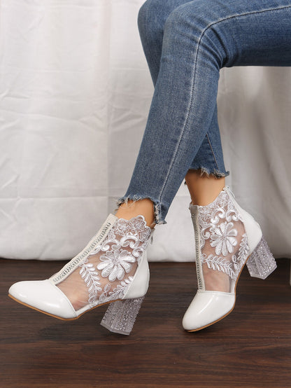 Women's Floral Print Lace Ankle Boots, Back Zipper Square High Heel Shoes, Round Toe Shoes