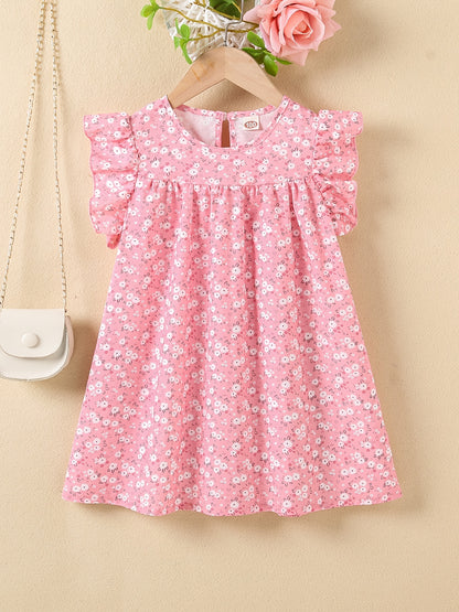 Girls' Summer Floral Princess Sundress - Sleeveless, Easy-Care, Elegant Crew Neck with Flared Hem