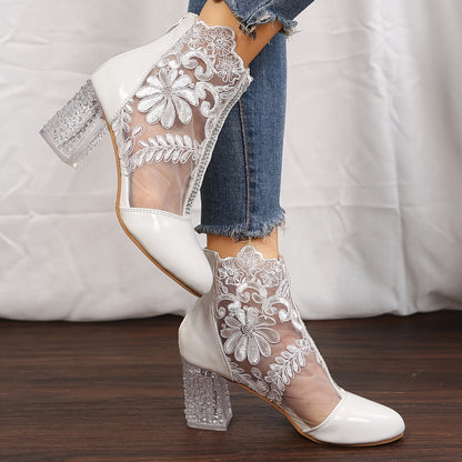 Women's Floral Print Lace Ankle Boots, Back Zipper Square High Heel Shoes, Round Toe Shoes