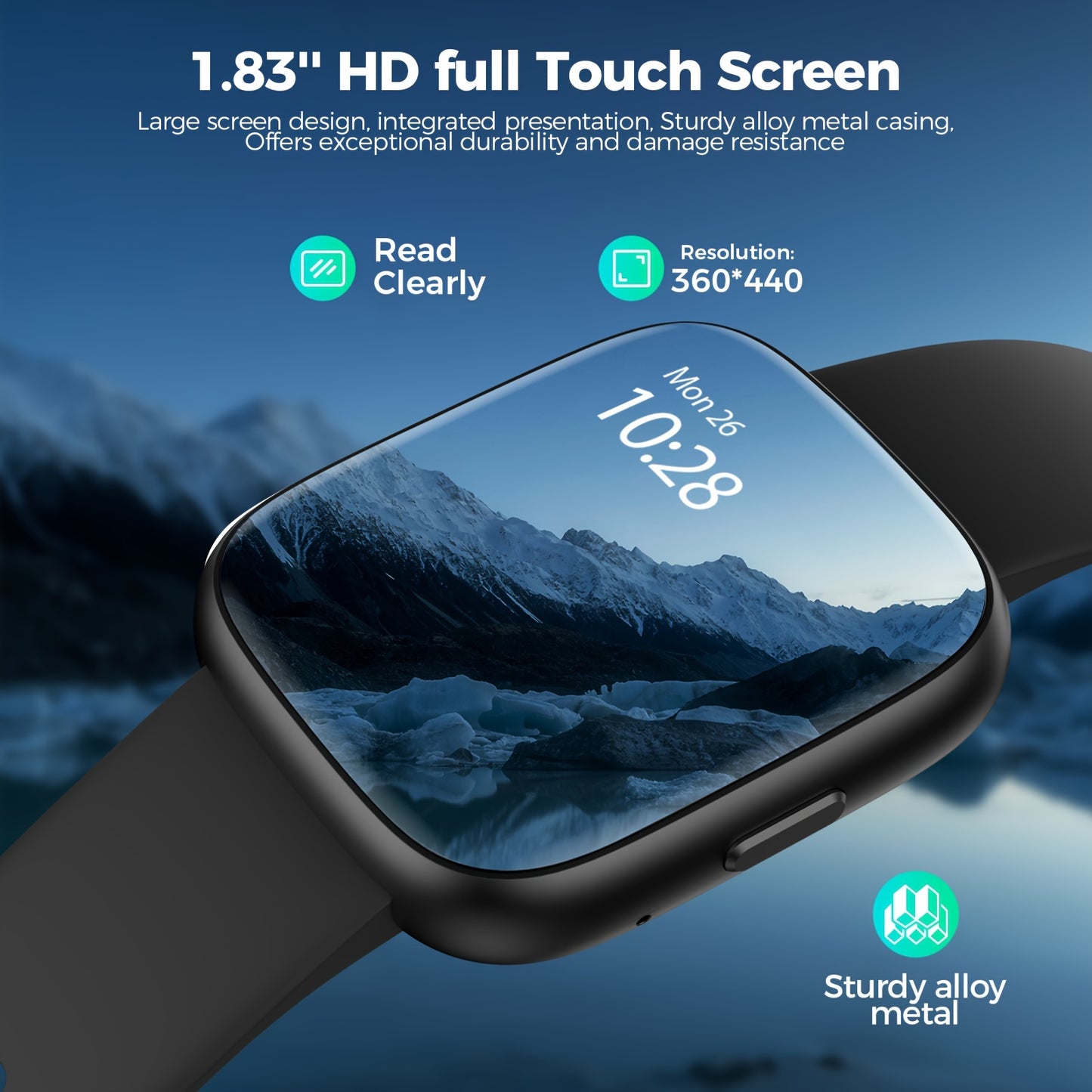 100+ Sports Smart Watches For Men Women, 1.83" HD Full Screen Touch Watch With Wireless Call, Pedometer, Fitness Tracker, Calculator, Music Control, Alexa Voice, Rechargeable Lithium Battery, USB Charging, Multi-language Supp