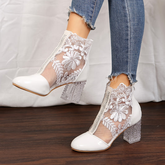 Women's Floral Print Lace Ankle Boots, Back Zipper Square High Heel Shoes, Round Toe Shoes