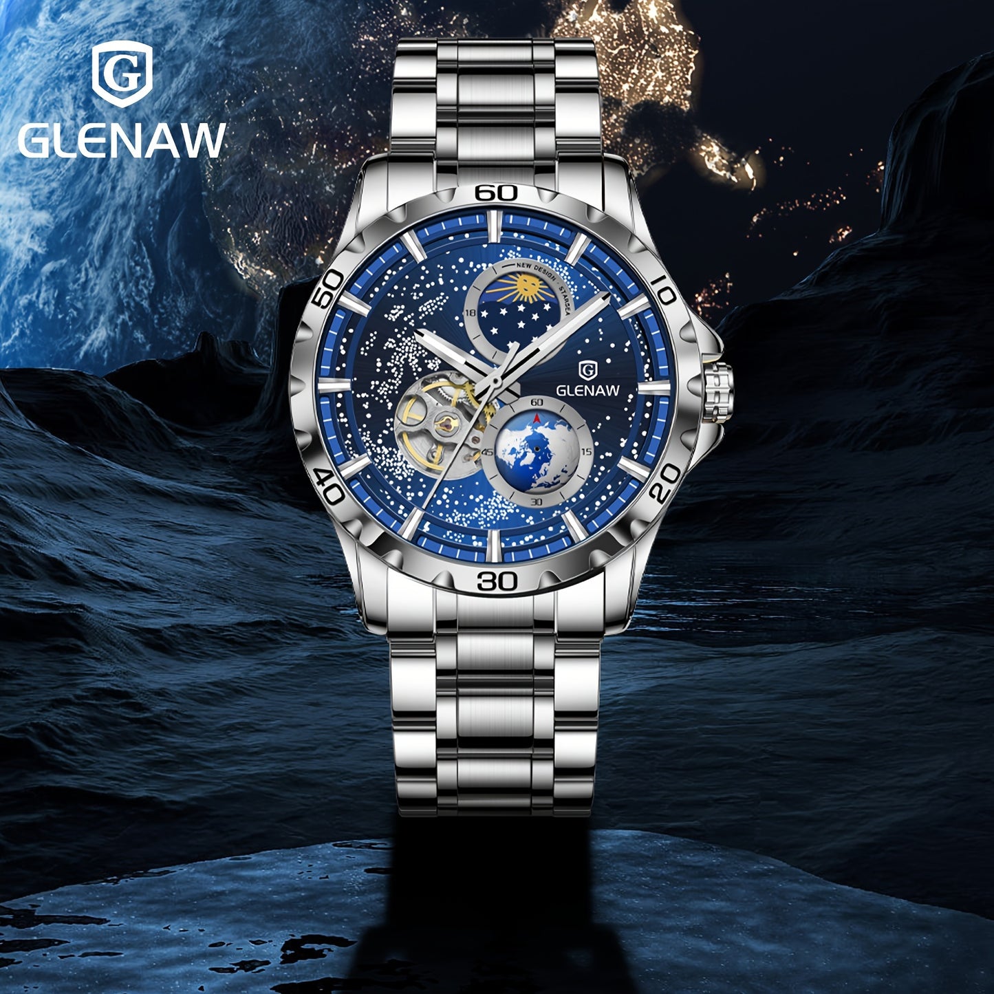 Automatic Watches for Men, Rotating Earth Multifunctional Men's Mechanical Watch Starry Sky Dial Steel Band Stopwatch Sun Moon Stars Automatic Men's Watch