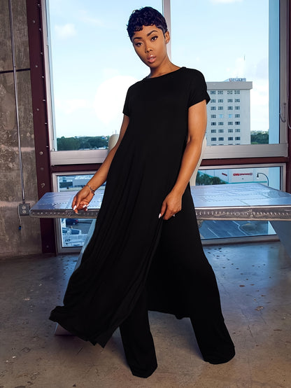 Plus Size Solid Color Split Hem Oversized T-shirt & Pants Set, Women's Plus High Stretch 2pcs Set