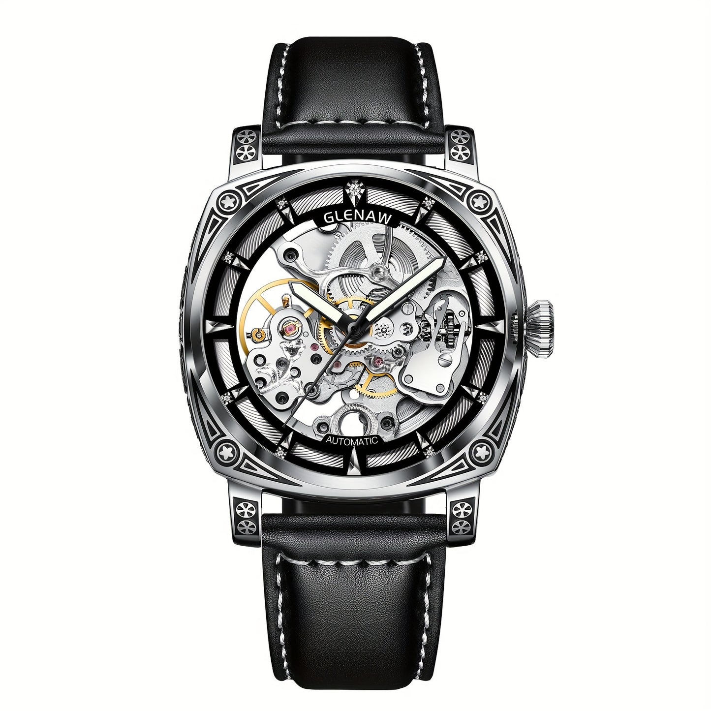 Carved Automatic Watches for Men, Retro Tattoo Skeleton Self-Winding Mechanical Watch Men's Automatic - 3 ATM Waterproof, Luminous Hands, Skeleton Dial, Ideal for Everyday Wear and Formal Occasions