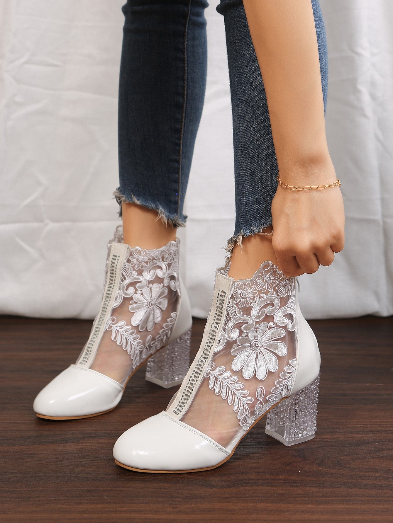 Women's Floral Print Lace Ankle Boots, Back Zipper Square High Heel Shoes, Round Toe Shoes