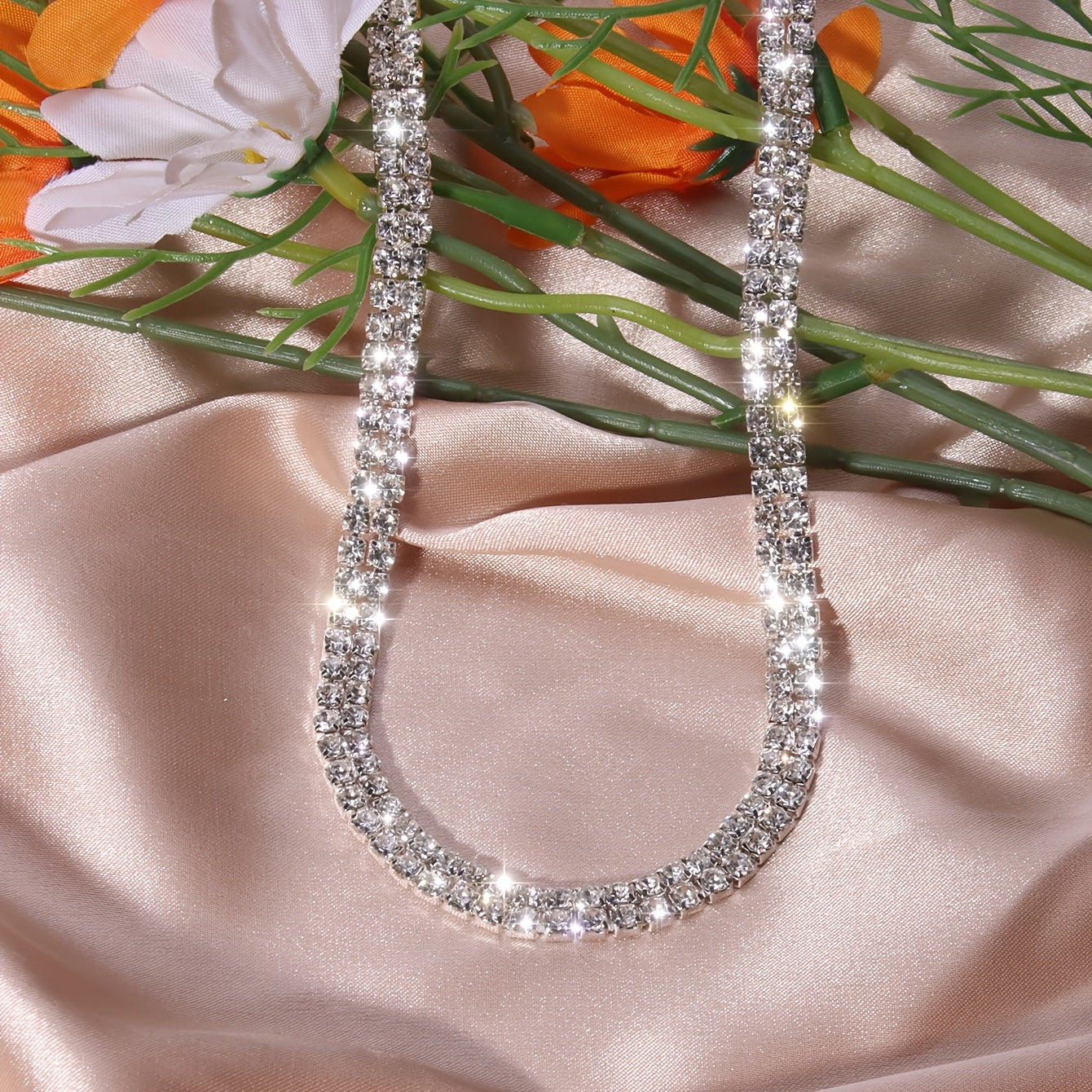 Double Row Shiny Rhinestones Women Gorgeous Chain Silver Plated Jewelry