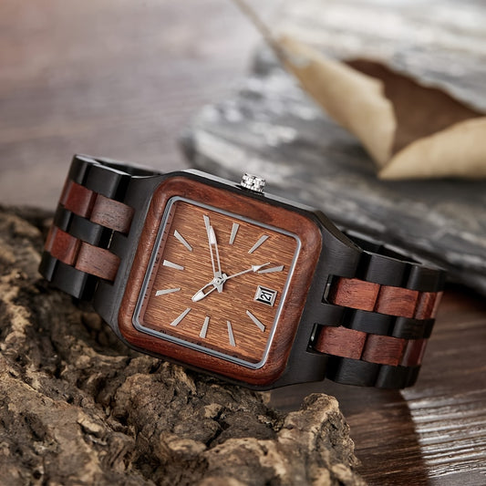Men's Rectangle Wood Watch Quartz Movement Wooden Mens Watches Gift Watches for Men