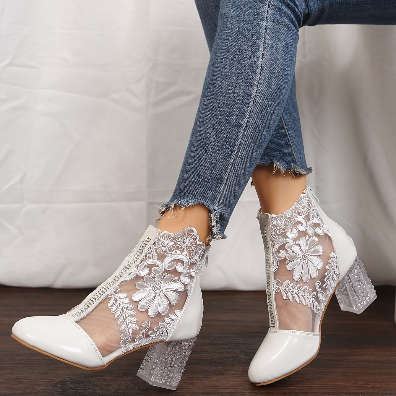 Women's Floral Print Lace Ankle Boots, Back Zipper Square High Heel Shoes, Round Toe Shoes