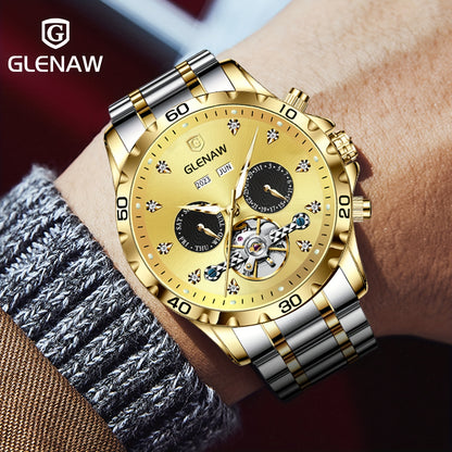 Automatic Watches for Men, Rhinestone Stainless Steel Strap Skeleton Automatic Winding Mechanical Watch Day Date Month Year Men's Watch Gift