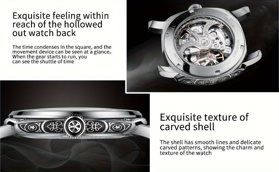 Carved Automatic Watches for Men, Retro Tattoo Skeleton Self-Winding Mechanical Watch Men's Automatic - 3 ATM Waterproof, Luminous Hands, Skeleton Dial, Ideal for Everyday Wear and Formal Occasions