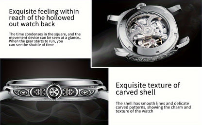 Carved Automatic Watches for Men, Retro Tattoo Skeleton Self-Winding Mechanical Watch Men's Automatic - 3 ATM Waterproof, Luminous Hands, Skeleton Dial, Ideal for Everyday Wear and Formal Occasions