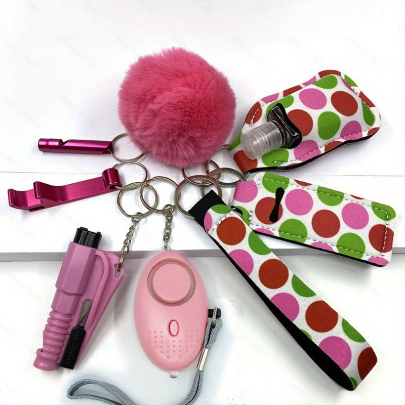 Women's Accessory Kit with Wristlet Pom Pom, Carabiners - 10-Piece Set, Battery Powered Personal Safety Alarm, Aluminum Alloy Hand Sanitizer Holder, Polyester Pouch