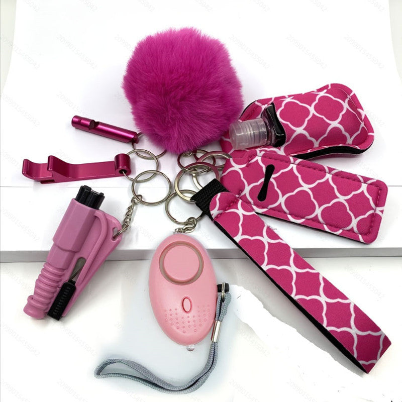 Women's Accessory Kit with Wristlet Pom Pom, Carabiners - 10-Piece Set, Battery Powered Personal Safety Alarm, Aluminum Alloy Hand Sanitizer Holder, Polyester Pouch