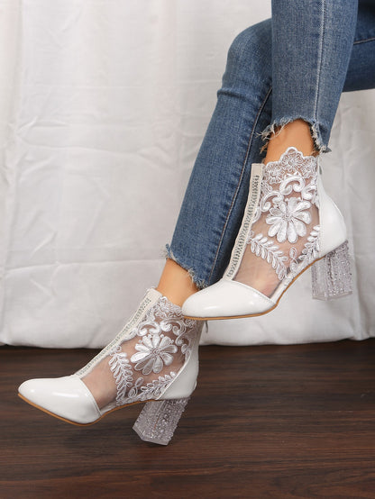 Women's Floral Print Lace Ankle Boots, Back Zipper Square High Heel Shoes, Round Toe Shoes