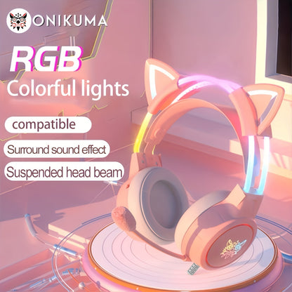 ONIKUMA X15pro Cat Ears Gaming Headset with LED Light-Up Headband, Wired, Noise-Canceling Mic for PC & Laptop