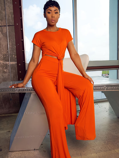 Plus Size Solid Color Split Hem Oversized T-shirt & Pants Set, Women's Plus High Stretch 2pcs Set