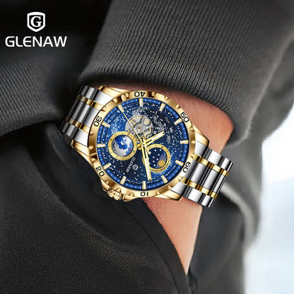 Automatic Watches for Men, Rotating Earth Multifunctional Men's Mechanical Watch Starry Sky Dial Steel Band Stopwatch Sun Moon Stars Automatic Men's Watch