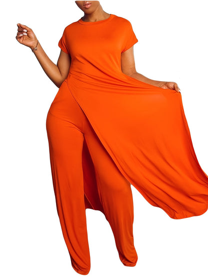 Plus Size Solid Color Split Hem Oversized T-shirt & Pants Set, Women's Plus High Stretch 2pcs Set