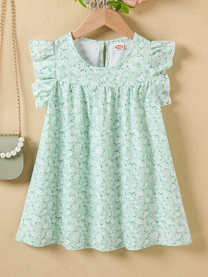 Girls' Summer Floral Princess Sundress - Sleeveless, Easy-Care, Elegant Crew Neck with Flared Hem