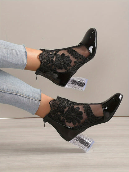 Women's Floral Print Lace Ankle Boots, Back Zipper Square High Heel Shoes, Round Toe Shoes