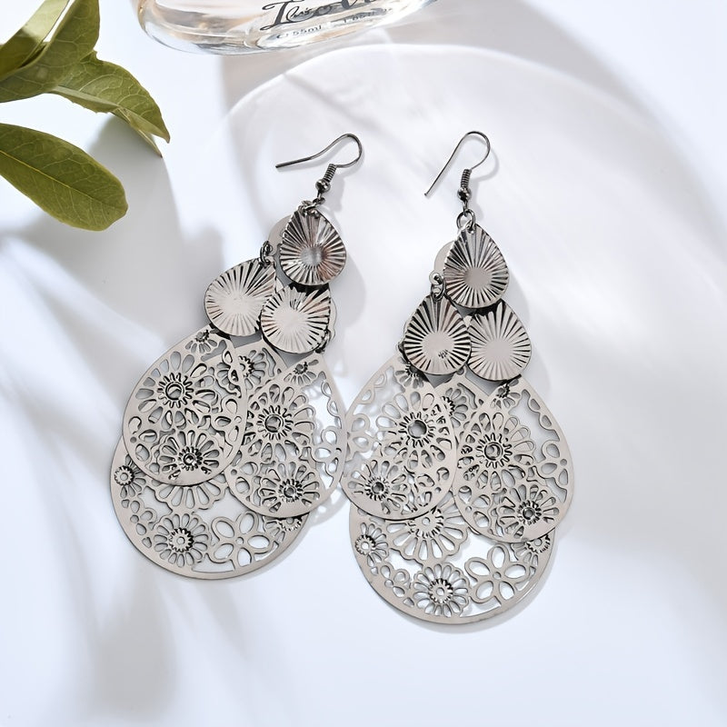 Vintage Hollow Multi-layer Waterdrop Long Earrings For Women Jewelry Gifts 1Pair