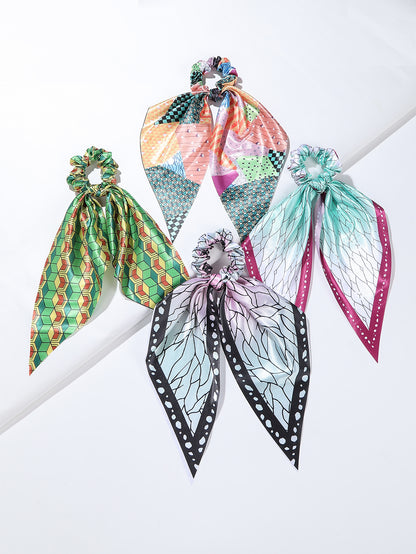 4pcs Adorable Japanese Anime Cartoon Printed Fabric Bowknot Hair Scarves with Elastic Hair Ties for Women - Soft, Comfortable, and Easy to Wear Ponytail Holders for Various Hairstyles - Cute Hair Accessories for Anime Fans