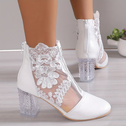 Women's Floral Print Lace Ankle Boots, Back Zipper Square High Heel Shoes, Round Toe Shoes