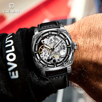 Carved Automatic Watches for Men, Retro Tattoo Skeleton Self-Winding Mechanical Watch Men's Automatic - 3 ATM Waterproof, Luminous Hands, Skeleton Dial, Ideal for Everyday Wear and Formal Occasions