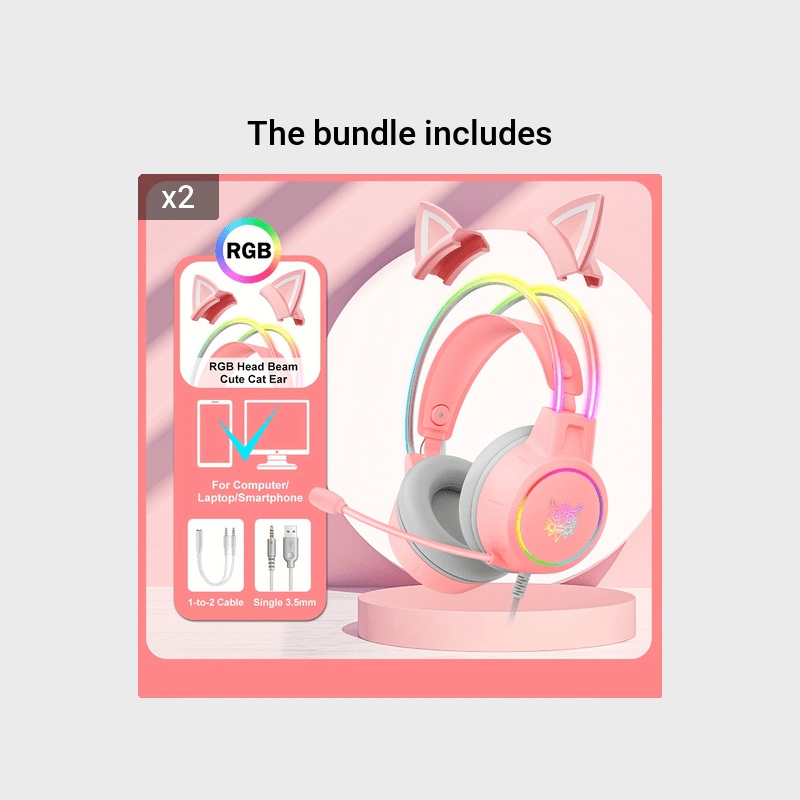 ONIKUMA X15pro Cat Ears Gaming Headset with LED Light-Up Headband, Wired, Noise-Canceling Mic for PC & Laptop