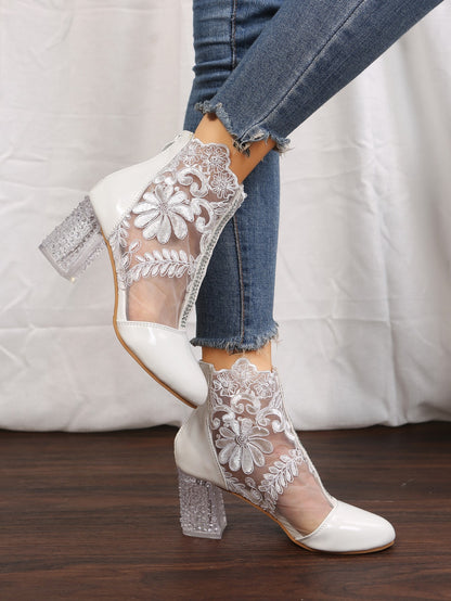 Women's Floral Print Lace Ankle Boots, Back Zipper Square High Heel Shoes, Round Toe Shoes