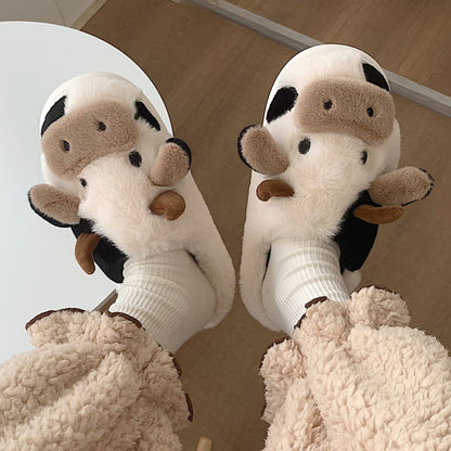 Women's Cartoon Cute Cow House Slippers, Warm Plush Lined Closed Toe Fuzzy Home Slides, Women's Comfy Indoor Shoes