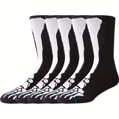 5pairs Men's Breathable Sweat Absorbing Crew Socks With Skull Faces Print, Novelty Socks
