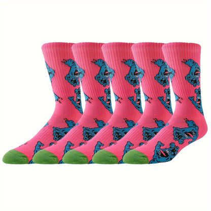 5pairs Men's Breathable Sweat Absorbing Crew Socks With Skull Faces Print, Novelty Socks